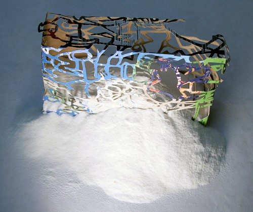 Jina Valentine, cut paper bag and what looks like flour, soon to be on view in Williamsburg.
