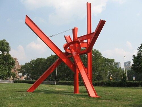 Mark di Suvero, Iroquois, installed along the Parkway, on a grassy triangle near 25th and Spring Garden. The sculpture was donated by humanitarian and art lover David Pincus, long a member of the boards of the art museum and the Fairmount Park Art Association.