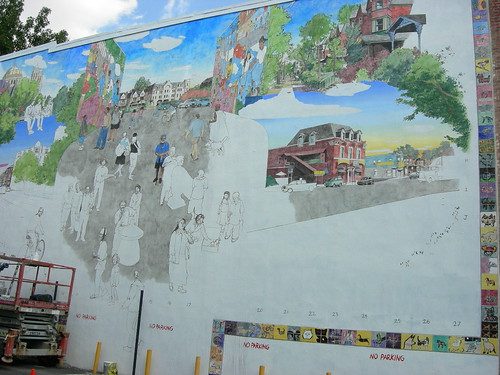 David Guinn's Baltimore Ave. mural in progress with the tiles supplied by Mural Arts