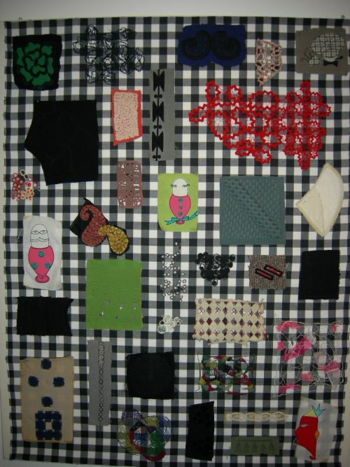 Sample board in which Brandt pairs examples from the Design Center’s collection with her own samples inspired by historic textiles
