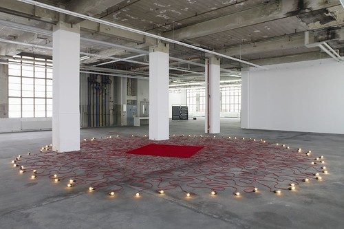 Mona Hatoum, Undercurrent (red), 2008, Cloth covered electric cable, light bulbs, dimmer device, Edition of 3 plus 1 AP, at Galerie Max Hetzler Temporary, OsramHöfe, Berlin. image provided by Galerie Max Hetzler. Comments on this work will appear in part 3 of the post.