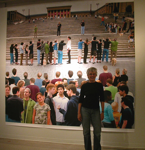 Ann-Marie LeQuesne in front of her photo of the Reenactment of the Execution of the Emperor Maximilian. This was at Rosenwald-Wolf Gallery in 2006.