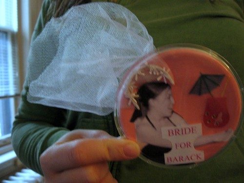 The pin is really pink. Oh well. Minna is the bride pictured on the Bride for Barack pin, one of several her friend Becca Mueller made for Minna's bachelorette party. The bachelorettes also wore pink buttons--"bachelorette for barack."