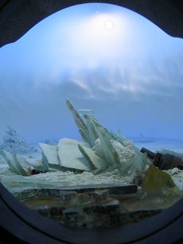 Guy Laramee, The Wreck of Hope, detail of model landscape inside oil barrel