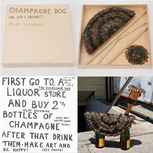 Olaf Breuning, Champagne Dog. The kits are hand-signed and numbered. Feathered mats, brass, champagne bottles, gold embossed wood box. 16 3/4 x 16 3/4 inches photograph and graphic drawing, Archival pigment on Hahnemühle Photo Rag 100% cotton rag paper. Box - 18 x 18 x 3 1/8 inches / Assembled size variable. Champagne bottles not included.
