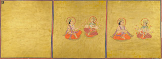 The Emergence of the Spirit and Matter folio 2 from the Shiva Purana, attributed to Shivdas (ca. 1828), opaque watercolor on paper, 47 x 126 cm, Mehrangarh Museum Trust. In the narrative of creation the gold field at left represents the Absolute from which Consciousness and Matter, at center and right, evolved.