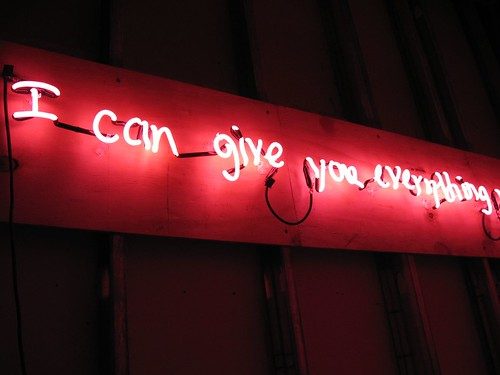 James Johnson, Promise (courtesy New Money), detail, 2008, neon sign, 16 x 91.25 x 3 inches. Full message reads I can give you anything you want.