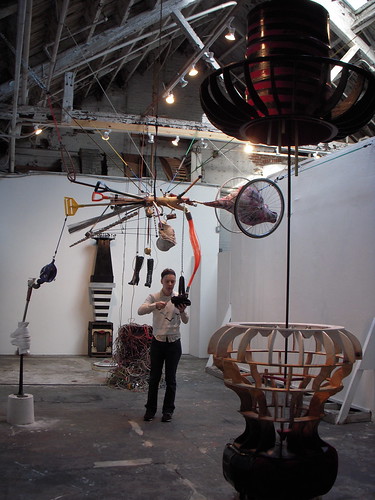 Little Berlin co-founder Martha Savery with the collaborative sound sculptures by Michael McDermott and Michael Murray.
