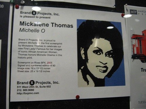 Ad in an elevator for screenprints by Mickalene Thomas of Michelle Obama a la Andy's Jackies. The prints are from bxpinc.com which is really http://www.neptunefineart.com/ .