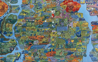 Oyvind Fahlstrom detail of Map of the World (1972). The Brazilian/Swedish artist created maps based on political rather than geographical topography and created his own interactive versions of monopoly-style board games.