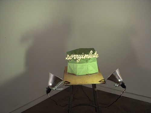 Trevor Reese, Untitled (sorryimlate) 2008. stool, lights, wood, plaster 42x17x24" 
