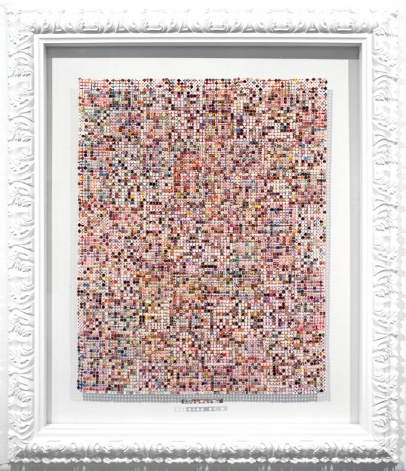 Kelly Kozma, Together Now, 32.375” x 37.375”, punched business cards hand-stitched together, 2014.
