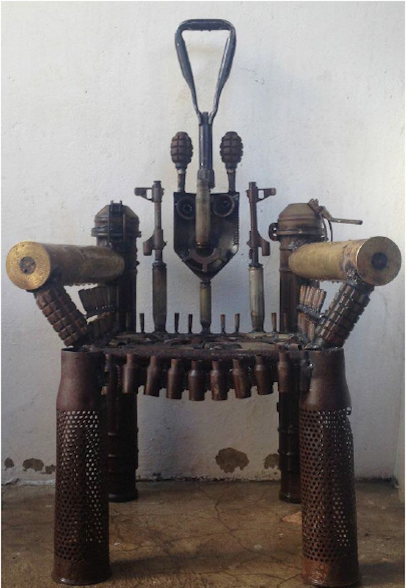 Goncalo Mabunda War Throne sculpture with decommissioned weapons
