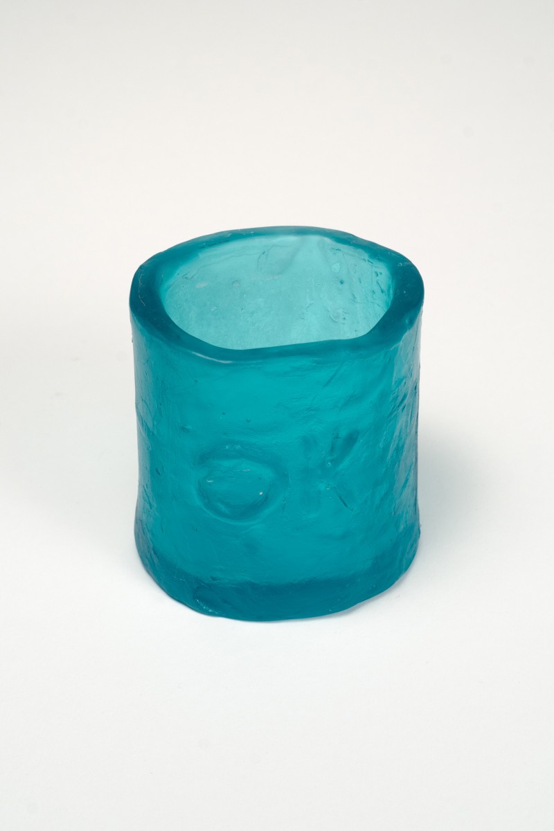 Chris Johanson, Glass vessel (turquoise), 2015, cast glass 4 x 3 1/2 (diameter) inches, CJOH 7 Credit: Courtesy the artists and Fleisher/Ollman. Photo: Claire Iltis