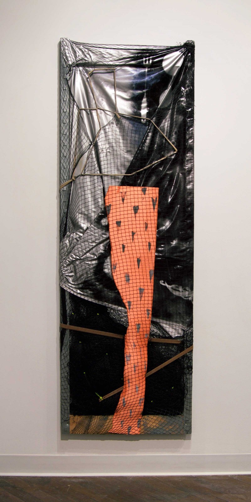 Leeza Meksin, “Night Door” 72” x 24." Fishing net, zip ties, neoprene, spray paint and oil on wood & steel frame, 2014. Courtesy of Automat