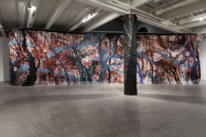 Installation viewRodney McMillian: The Black Show, 2016, Institute of Contemporary Art, University of Pennsylvania. Photo: Constance Mensh. (Background) ͞Many moons,͟ 2015, Latex, acrylic, and ink on paper mounted on fabric, Courtesy the artist and Maccarone, New York