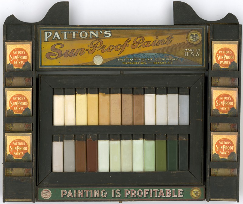 “Patton’s Sun-Proof Paints,” early 20th century (Patton Paint Company, Milwaukee, Wis. – Newark, NJ), colored plates, brochure holder and text on wooden board. © The Athenaeum of Philadelphia.