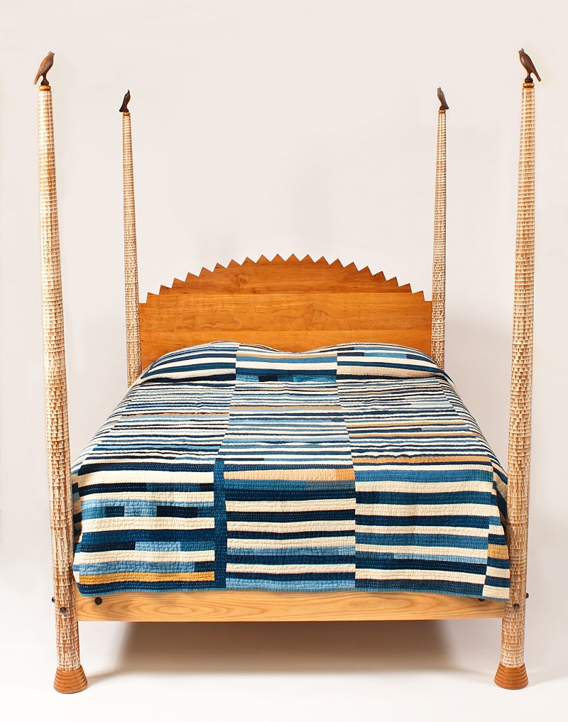 Brad Smith, Highpost Bed , queen size, 84" high. Cherry headboard, textured and painted Cherry posts, cast steel bird finials , Ash rails. Image by Michael O'Neil