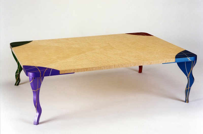 Peter Handler, Empire table, 15x30x54. Curly maple, anodized aluminum