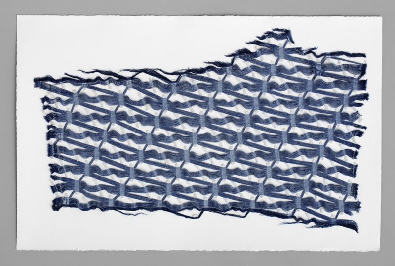 Sean Riley, “(de)Weave VIII,” inherited denim fragment with weft removed by hand, 2016.