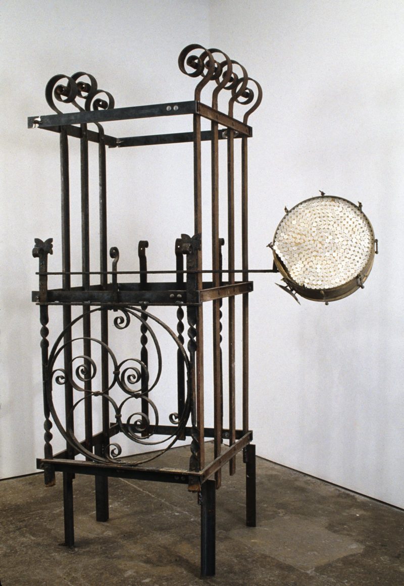 Terry Adkins, “Sermonesque (from Darkwater),” metal with sane drum and buttons, 2002.