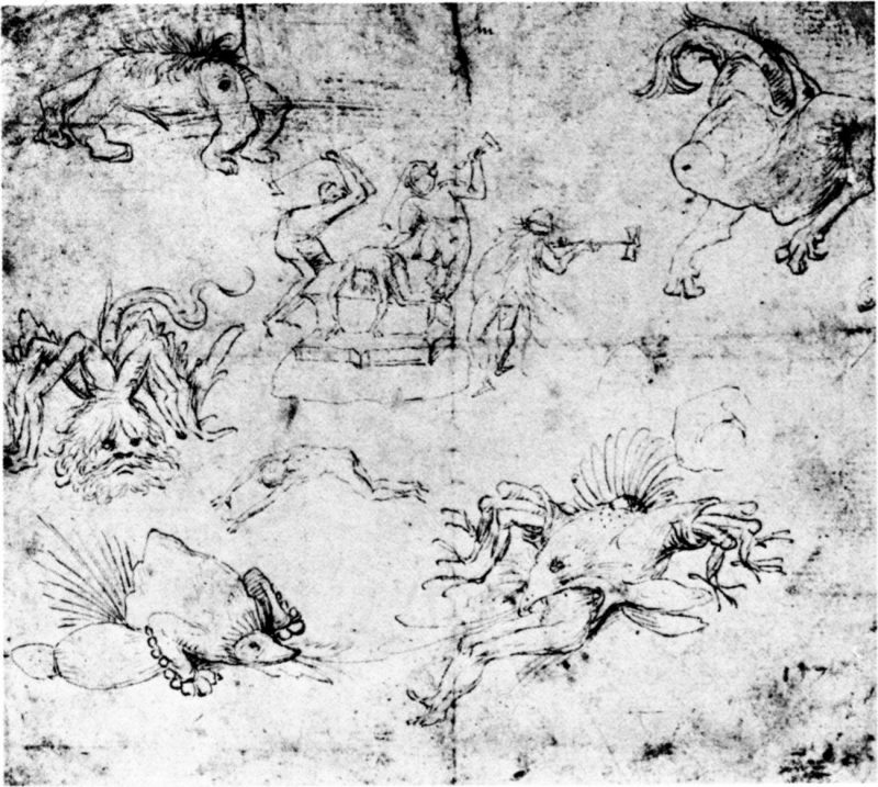Hieronymus Bosch, "Infernal Scene with anvil and monsters" pen and ink, 15.6 x 17.6 cm, Staatliche Museen zu Berlin.