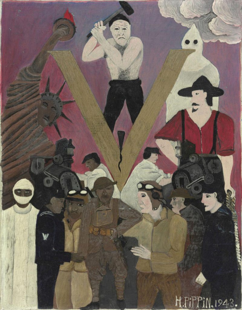 Horace Pippin "Mr. Prejudice" (1943), o/c, 18 1/8 x 14 1/8 in, Philadelphia Museum of Art, Gift of Dr. and Mrs. Matthew T. Moore.