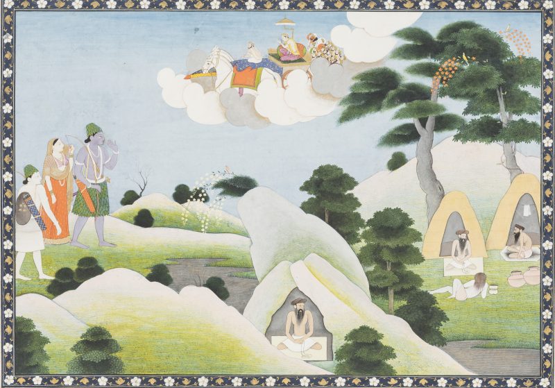 Rama, Sita, and Lakshmana approach a grove of sages, Kangra, India, ca. 1830. Opaque watercolor and gold on paper. The San Diego Museum of Art; Edwin Binney 3rd Collection, 1990.1304.