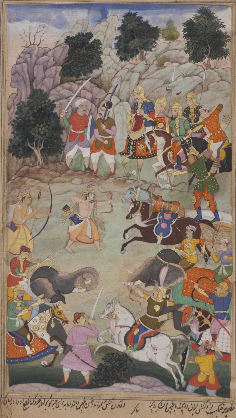 Makra; Lava and Kishu engage Lakshmana in battle; 1598; Opaque watercolor; 9 3/32 in. x 5 9/32 in. (23.1 cm x 13.4 cm)