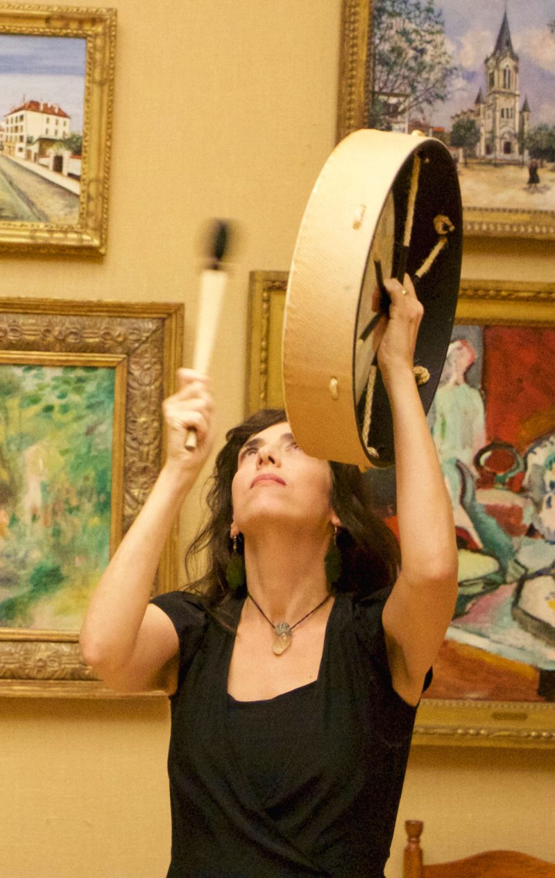 Andrea Hornick drumming next to Henri Matisse’s “Dishes and Melon” (1906-07). Photograph courtesy of The Barnes Foundation. 