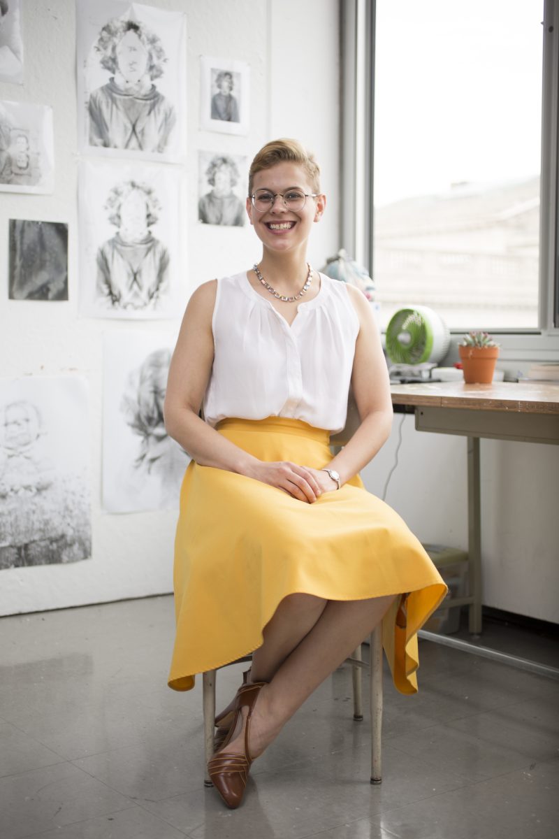 Jessica Szuchyt, in her studio at Moore College of Art and Design