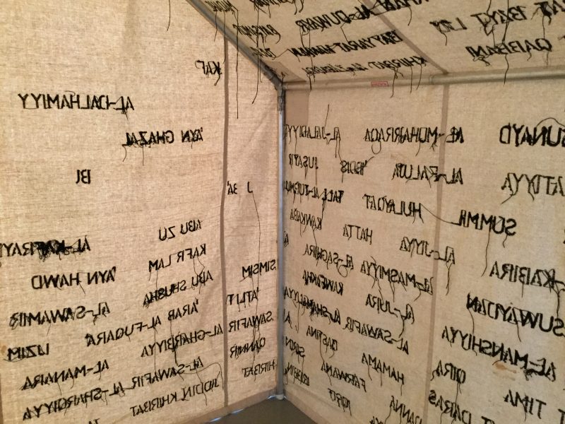 (Detail) Emily Jacir (b. 1972, Bethlehem, West Bank) Memorial to 418 Palestinian Villages Which Were Destroyed, Depopulated, and Occupied by Israel in 1948 (2001) Embroidered tent, thread, and mixed media