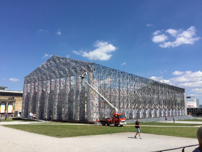 Marta Minujín (b. 1943, Buenos Aires), The Parthenon of Books, 1983, metal scaffolding, books and wire. height 12 Meters (40 ft)