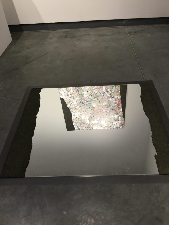 Mat Tomezsko, "Silver Vision" 2017, detail, acrylic, sher-cryl, asphalt, enamel on panel; asphalt on mirror