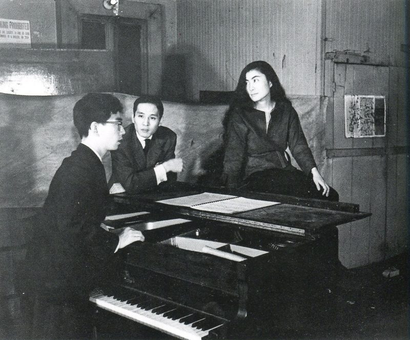 Yoko Ono with Toshi Ichiyanagi (at the piano) and Toshiro Mayuzumi at Chambers Street loft.