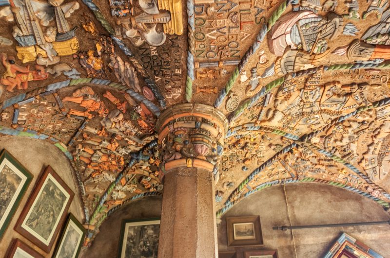 Ceiling in The Columbus Room, his study in the tower on the 5th floor.He considered the room his masterpiece, an homage to Aunt Elizabeth, who had been his benefactor through his life. Focus of tiles is on New World exploration, like he did. Photo by Chuck Patch, with permission under CC