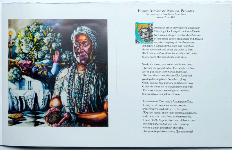 Holly Trostle Brigham, "Sacred Sisters," book pages with painting by Brigham and poem by Marilyn Nelson and book design by Mary Ann Miller. Page shows Hillarie Batista de Almeida, Sister of the Good Death, Bahia, Brazil, Aug. 14, ca. 1850