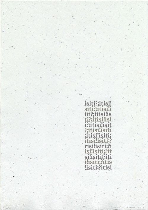 James Siena, is it I? It is I!, 2018, Letterpress on handmade paper with typewriter letter inclusions, 16 3⁄4” x 12 1⁄2” unframed, 19” x 14” framed, Edition of 44; Courtesy of the Artist and Dolphin Press & Print, Baltimore. James Siena: Resonance Under Pressure, 2019, The Print Center