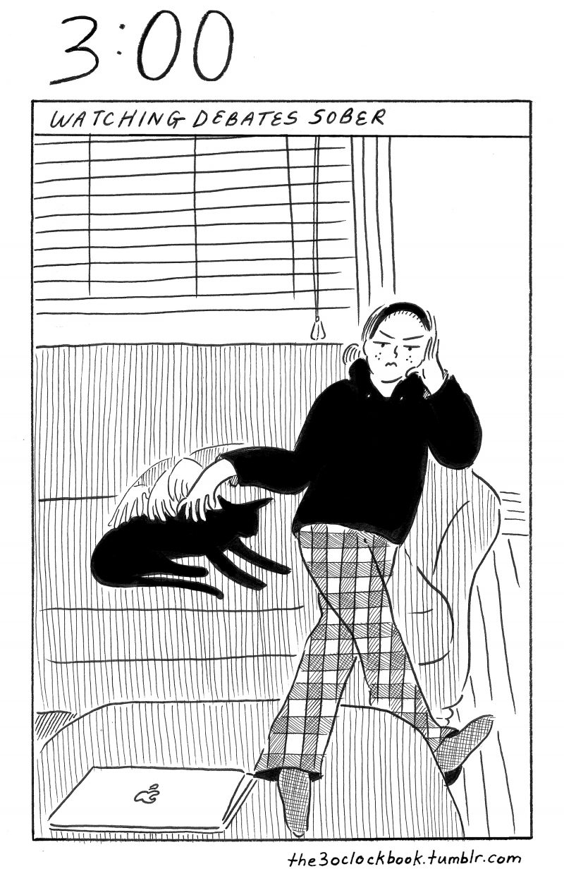 black and white comic drawing of woman sitting on couch, petting black cat, not drinking and scowling, watching political debate on tv