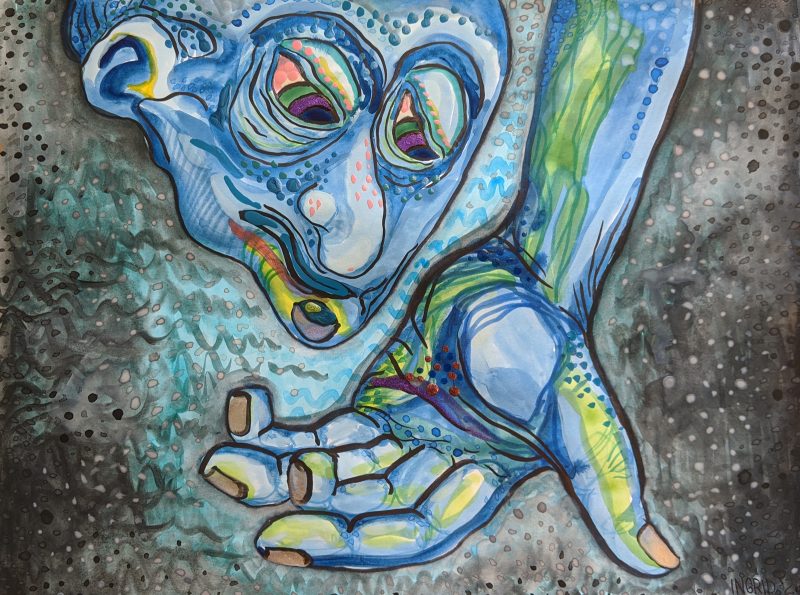 Marker drawing of an illustrative character blowing into his outstretched hand.