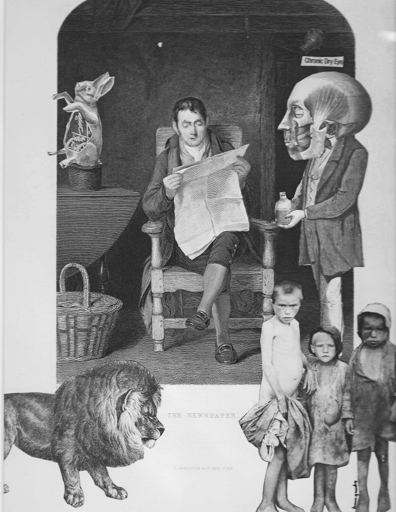 Blacka and white photo collage of a man reading a paper with another man with a skull head looking towards him and a lion in the front.