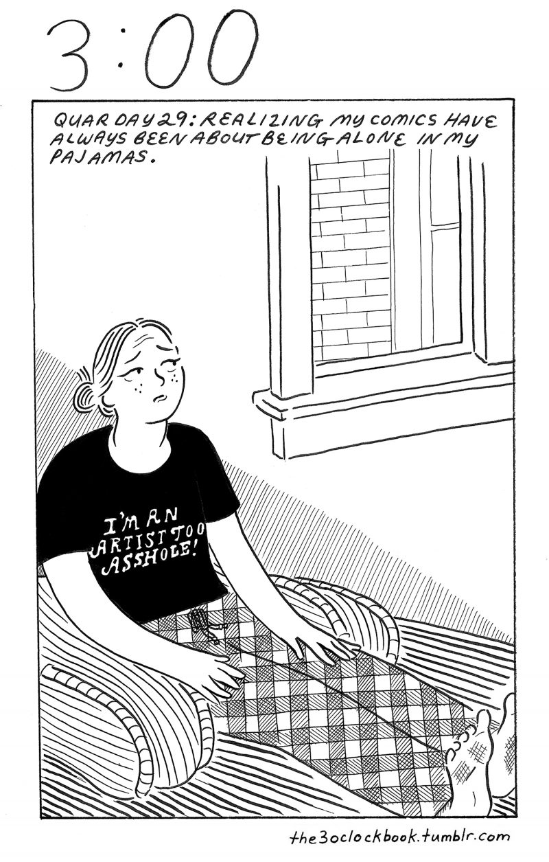 black and white drawing of woman sitting in pajama bottoms and t-shirt looking concerned thinking about 29 days in quarantine and being alone already as an artist