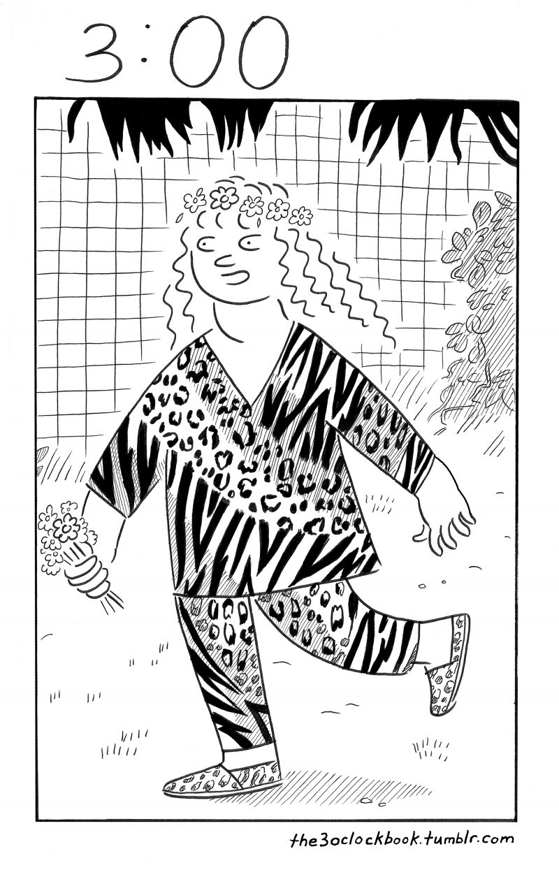 Black and white comic of girl wearing a tiger-striped outfit.  She is impersonating the animal rights activist Carole Baskin, featured in Netflix's documentary, "Tiger King."