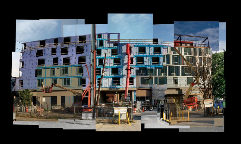 Collage of a building in different stages of development from start to finish forming the final shape of the building.