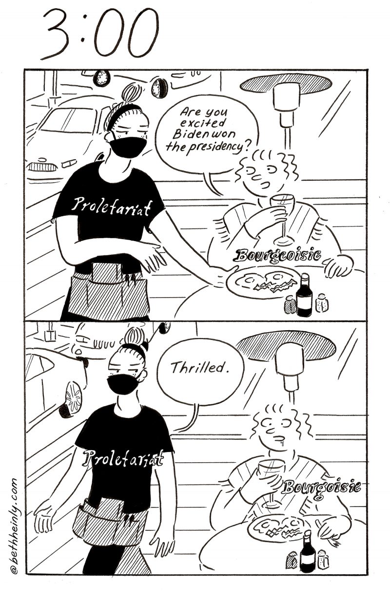 Two panel comic. Top panel shows two women in a restaurant, one sitting down, eating and drinking and saying: "Are you excited Biden won the presidency?" This woman wears a label, "Bourgeoisie." The other woman, a server, masked, who delivers a plate of food, looks askance at the woman. Standing woman is labeled "Proletariat." Bottom panel, Standing server woman turns away and says "Thrilled."  Seated woman customer looks surprised and has dribbled some food down her chin.