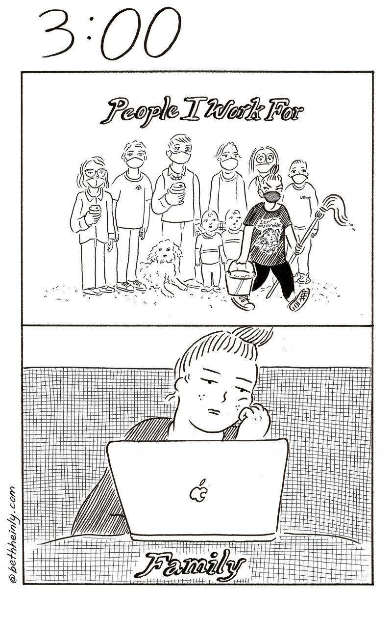 Two panel comic. Top panel shows 6 people standing in a row facing you, each masked. A dog sits between two of the people and two children stand next to the dog.  In front of them a cleaning person, wearing a mask, carrying a mop and bucket walks by glaring. Caption above the picture is "People I work for." Bottom panel shows one woman, sitting alone looking at her computer wistfully. Caption reads "Family."