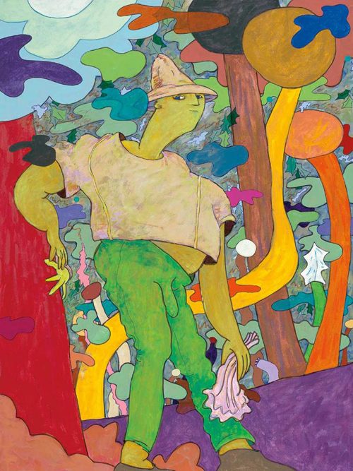 Painting of an exaggerated male bodied figure walking through a colorful landscape