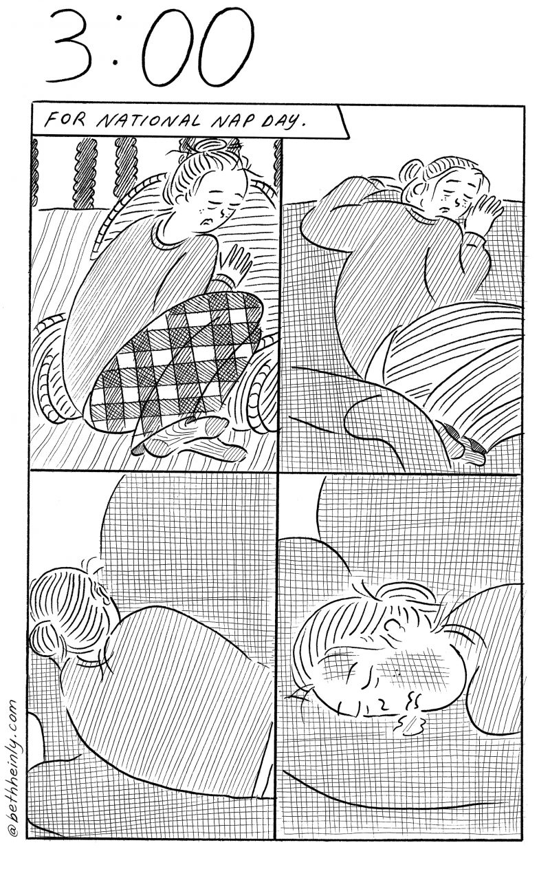 Four-panel comic. Caption: “For National Nap Day.” Top two panels, left and right, show woman sitting on her couch, napping.  Bottom two panels, left and right, show woman lying down on her couch, napping.