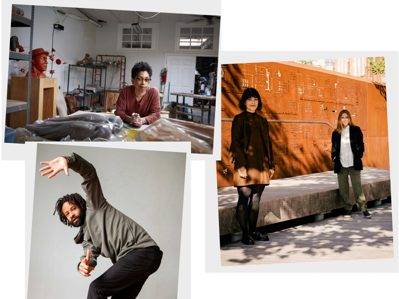 Photo collage of Syd Carpenter in her studio, Vince Johnson dancing, and Rebecca Cordes Chan and Ava Schwemler standing outdoors. 
