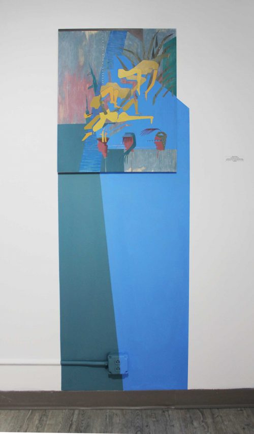 Canvas hanging on the wall with painted figure-shaped blocks of yellow leading downwards into three more warm-brown toned figures at the bottom of the canvas. The wall underneath and to the right of the canvas is painted blue (right) and dark green-blue (left) in angular lines that extend from the canvas itself and stretch to the baseboard of the wall.